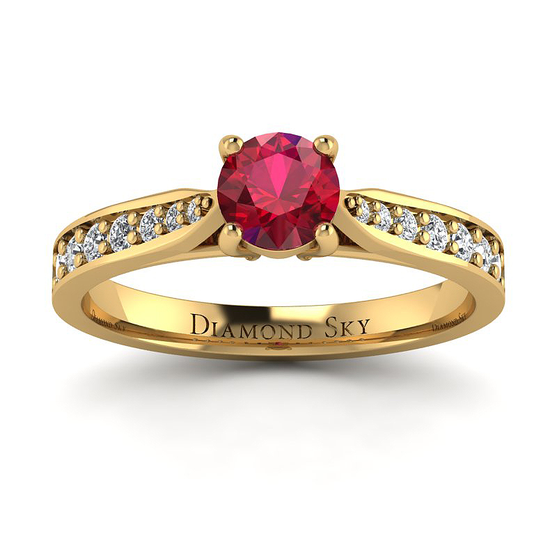 Świeża klasyka - Pierścionek zaręczynowy Diamond Sky, żółte złoto 585, rubin, diamenty
