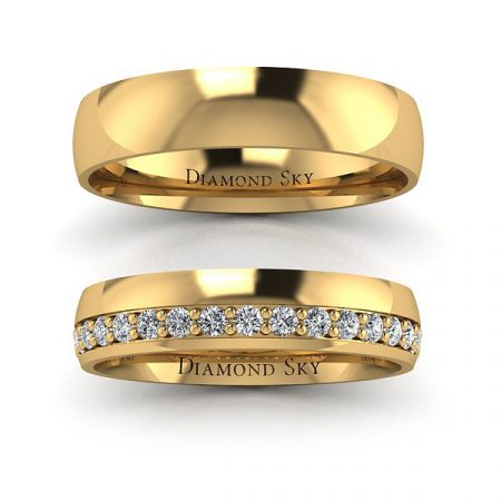 Blask miłości - Półokrągłe obrączki ślubne z diamentami, żółte złoto, próba 750