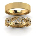 Orientalny szyk - Komplet ażurowych obrączek ślubnych, żółte złoto, diamenty