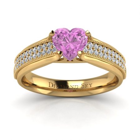 Rubinowe serce - Pierścionek zaręczynowy Diamond Sky, żółte złoto, różowy szafir, diamenty