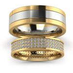 Blask klasyki - Płaskie obrączki ślubne z dwukolorowego złota z diamentami